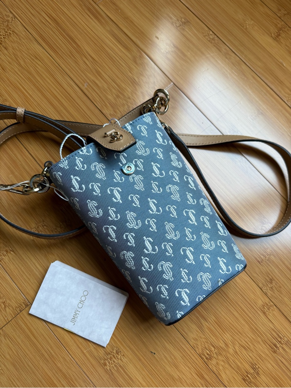 Jimmy Choo Blue Monogram Crossbody with Tan Trim